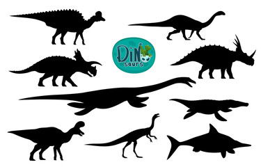 Cartoon dinosaurs cute characters silhouettes. Ichthyosaurus, Elaphrosaurus, Mussaurus extinct reptiles, Corythosaurus, Avaceratops, Elasmosaurus dinosaurs personages isolated vector silhouettes