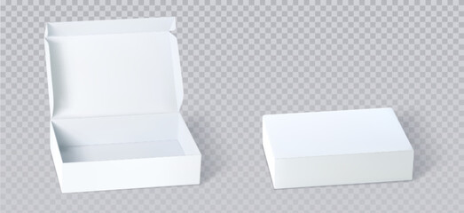 White closed and open cardboard box mockup top angle view. Realistic vector illustration set of blank carton package for delivery or gift concept. Rectangular low paper pack with cover mock up.