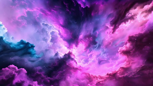A neoncolored galaxy collision with colors of pink purple and electric blue colliding and merging in a cosmic spectacle.