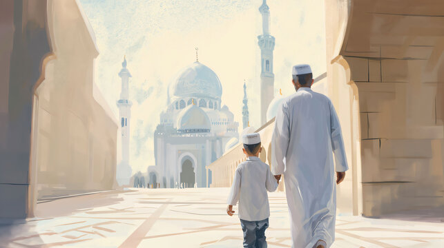 Generative ai illustration of a father taking his child to the mosque or father and son went to the mosque