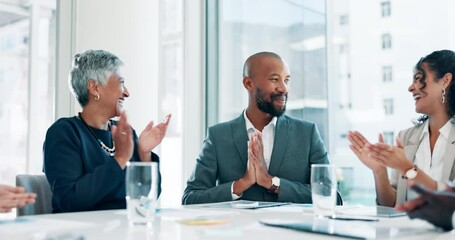Meeting, clapping and business people in office with good news, achievement or success. Happy, applause and team of professional lawyers in discussion for celebration in workplace boardroom.