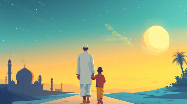 Generative ai illustration showing Ramadan and Eid al-Fitr backgrounds. The scene shows many men dressed in Muslim clothes walking on the road to the mosque. At the end of the road there is a mosque

