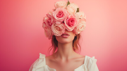 Portrait of an attractive woman covering her face with rose flowers. Minimal spring concept