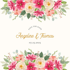 save the date with pink white floral watercolor frame