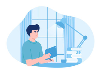 Man at home studying with tablet  book and study lamp concept flat illustration