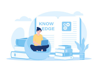 A woman reading with a stack of books concept flat illustration