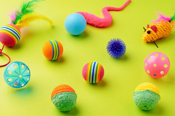 Colorful pet toys balls on green background