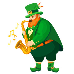 Leprechaun in a hat with a saxophone. Cartoon character in flat style isolated on white. Funny fat musician. Illustration for St. Patricks Day. Design element for the Irish holiday. Vector.