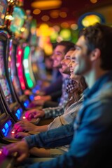 Obraz premium group of people sitting in front of slot machines at a casino