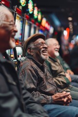 group of people sitting in front of slot machines at a casino
