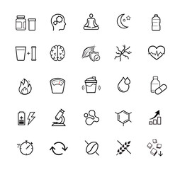 Vitality icon set for human-improving products, sport nutrition. The outline icons are well scalable and editable. Contrasting elements are good for different backgrounds. EPS10.