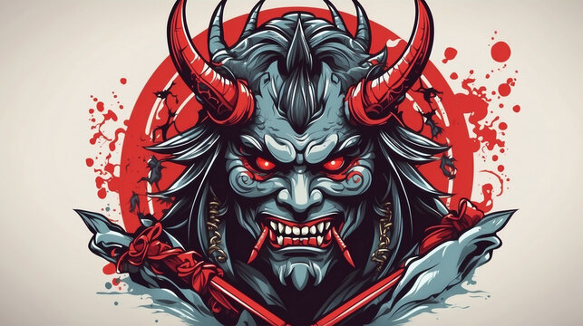 oni face devil artwork with samurai style japanese devil vector