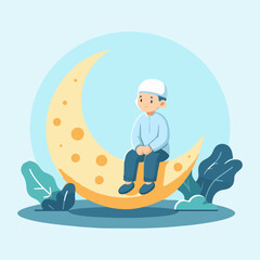 cute muslim teenage boy sitting on the moon cartoon vector illustration