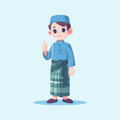muslim teenage boy wearing sarong and skullcap giving thumbs up cartoon vector illustration