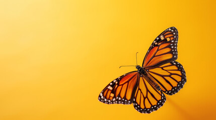 Monarch butterfly with bright orange wings on a yellow golden background.