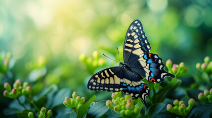 Obraz premium Swallowtail butterfly with striking black and orange wings against a green natural background.