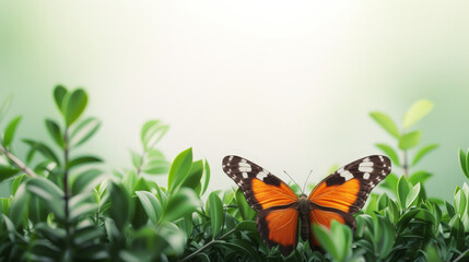 Monarch butterfly resting on lush green leaves with a bright background.