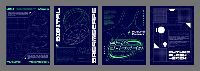 Retro futuristic vibe flyer templates set. Vector illustration of y2k aesthetic posters, retrowave style banners with geometric shapes, wireframe perspective, heart sign, text on blue background