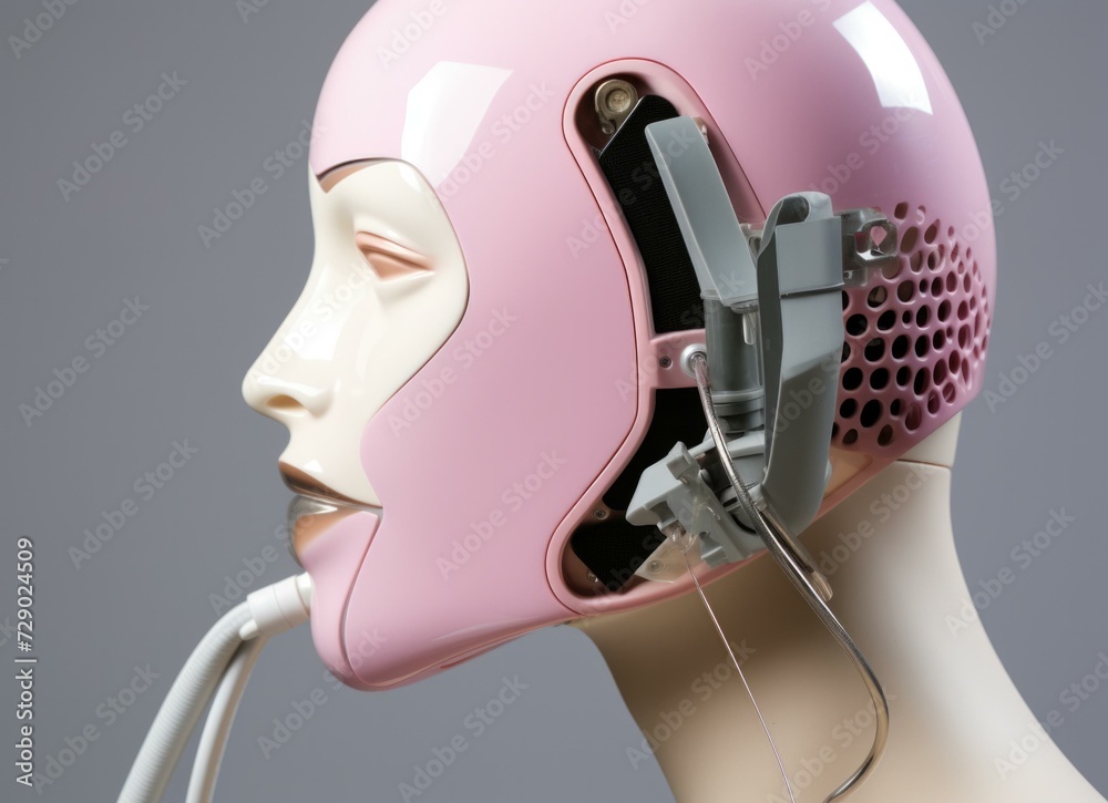 Poster A mannequin with a pink helmet and wires. Generative AI.