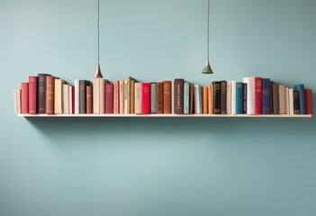 A shelf with books on it against a blue wall. Generative AI.