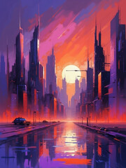 A futuristic cityscape with neon lavender and twilight indigo and sunset red-orange,  Impressionism style