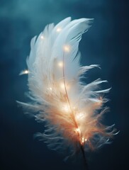A feather with lights on it in the dark. Generative AI.