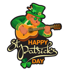 Happy Saint Patricks Day. Festive composition with a cute leprechaun, guitar, and shamrock on black background. Hand-drawn lettering. Spring holiday March 17 Saint Patrick. Sticker Vector illustration