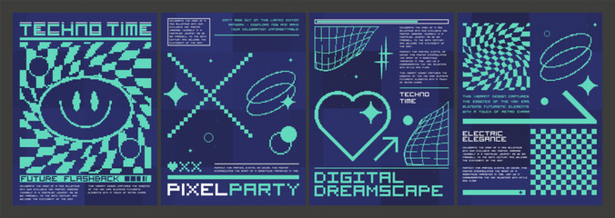 Fototapeta premium Y2k vibe flyers collection. Vector illustration of retrowave aesthetic posters, retro futuristic banners with turquoise pixel smiley, heart icon, wireframe design elements, text on blue background