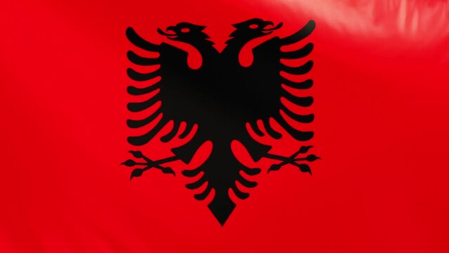 Albania flag. Albanian flag waving in the wind. Full screen, flat, smooth material texture. National Flag. Loopable. Looping. CGI graphic animation HD