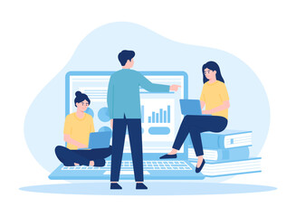 Company employees talking about boss tasks sitting with laptop concept flat illustration