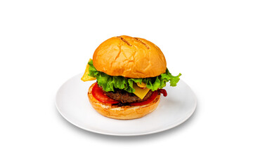 Burger, mini hamburger with meat cutlet, cheese, tomato and lettuce on a plate. Isolated.