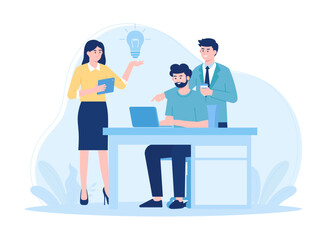 Company employees talking about boss tasks sitting with laptop concept flat illustration