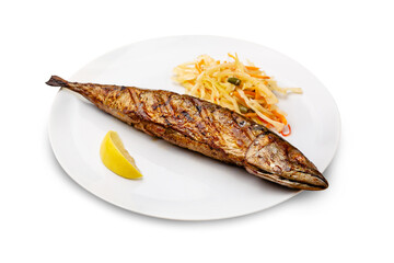 Grilled mackerel fish in a white plate. Isolated.