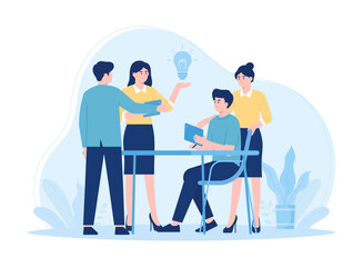 Employees exchange ideas with laptops concept flat illustration