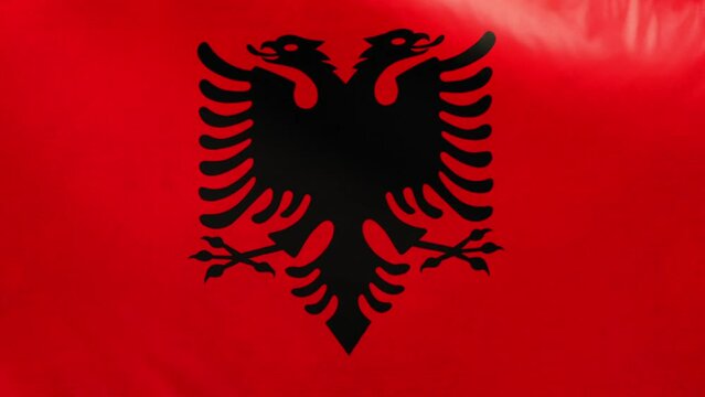 Albania flag. Albanian flag waving in the wind. Full screen, flat, cloth material texture. National Flag. Loopable. Looping. CGI graphic animation HD