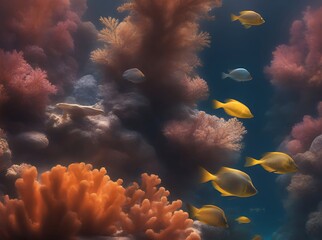Close up image of coral reef in tropic ocean with rays of sunlight through water.