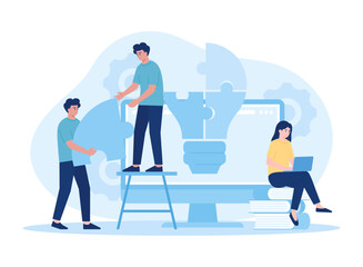 People work together to put together a puzzle in the shape of a lamp concept flat illustration