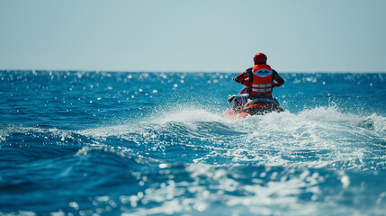 Fototapeta na wymiar Lifeguard on a jet ski patrolling the waters or water fun activities 