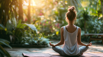 Peaceful yoga session in a tranquil garden, youga girl, holistic health with a focus on harmony between mind, body, and spirit
