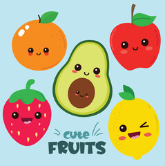 Set of Cute Fruits Vector Illustrations. Good for Doodles and Other Graphic Assets