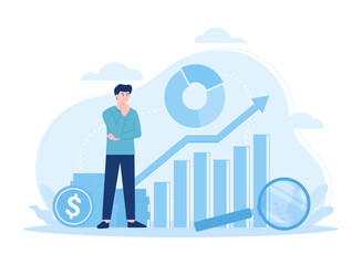 Manager analyzes sales growth graph concept flat illustration
