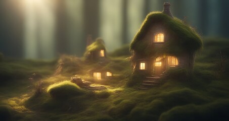 Tiny magical house from fairy tale for dwarfs, gnomes and imps. Magical cottage in forest fantasy land. - obrazy, fototapety, plakaty