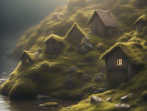 Tiny magical house from fairy tale for dwarfs, gnomes and imps. Magical cottages at a lake in fantasy land.