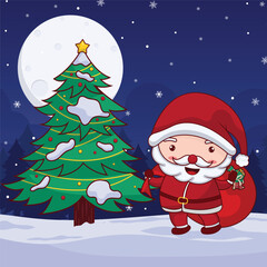 Santa claus with christmas tree and gifts bag cartoon vector icon illustration