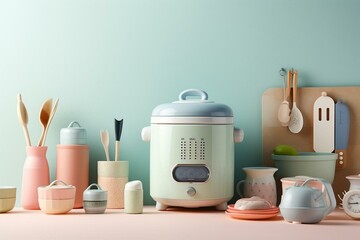 Kitchen tools in pastel colors including a rice cooker. Generative AI - obrazy, fototapety, plakaty