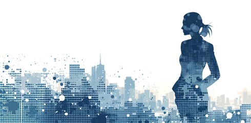 Digital image of a woman against a city backdrop. The concept of technology and the future.