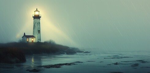 Lighthouse in foggy weather. The concept of navigation and safety. - obrazy, fototapety, plakaty