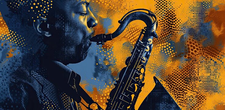 Man playing the saxophone on a blue-orange background. The concept of jazz and musical performance.