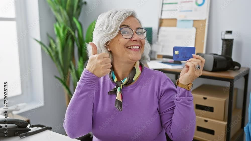 Sticker Joyful middle age grey-haired woman, all smiles at the office, gives a cool thumbs up while holding her credit card - cheers to successful finance and a confident lifestyle!