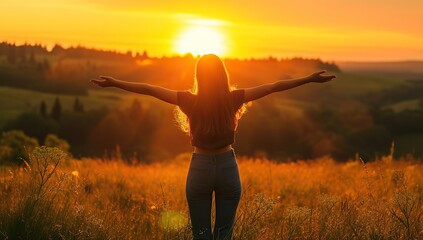 Silhouette of a woman stretching her arms against a natural sunset backdrop. Freedom and gratitude concept.